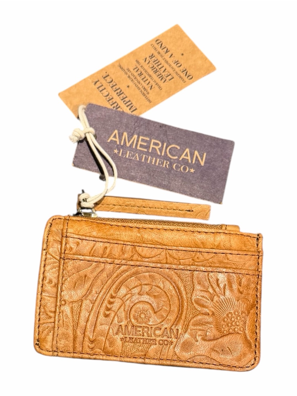 American Leather Co. Tooled Tan Leather Card Wallet